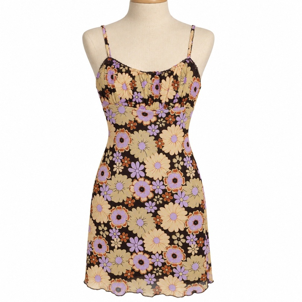Princess Polly XX US 6 Brown Floral Mesh Mini Dress Y2K 70s Retro Fairy Grunge